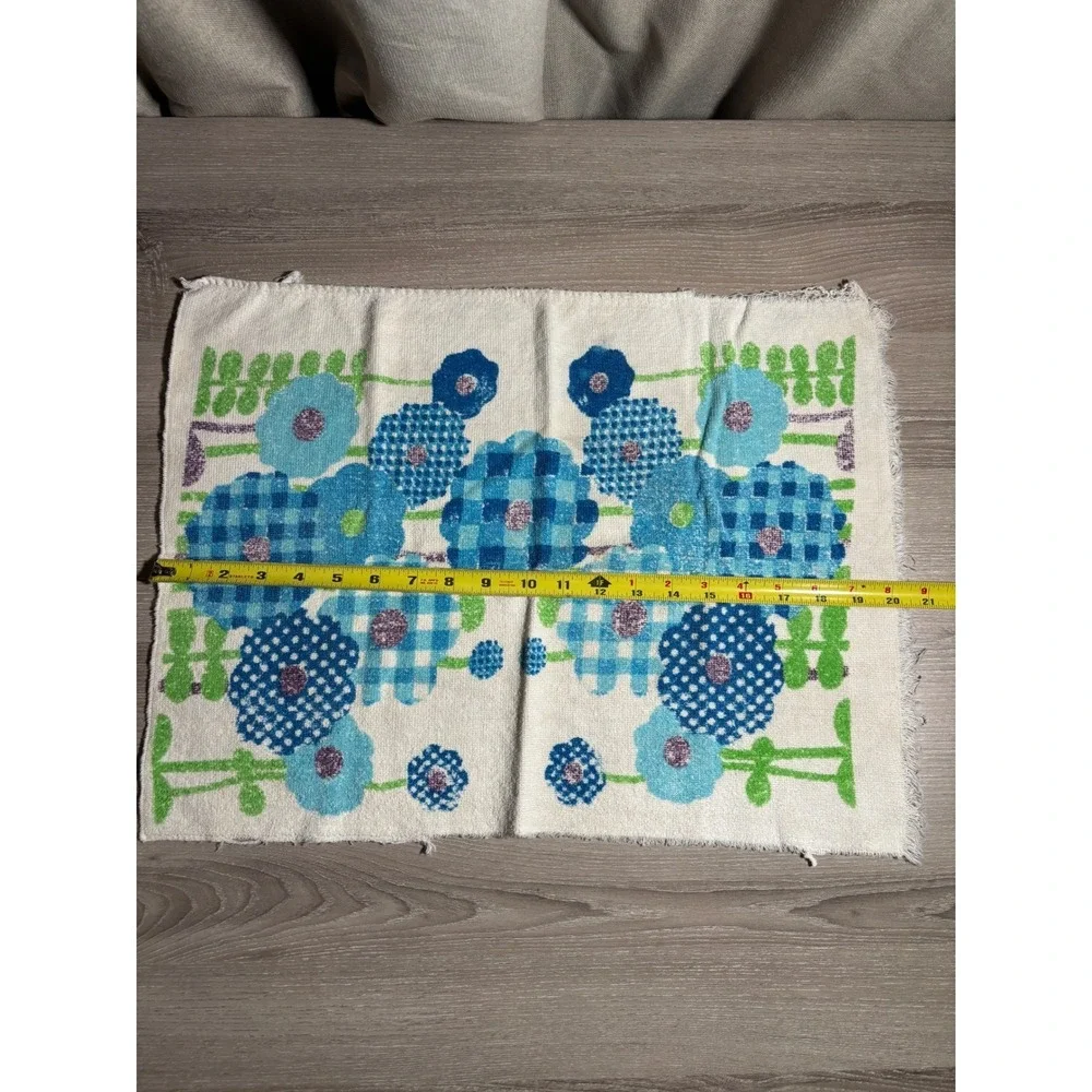 Vintage 70s Floral Hand Towel Blue Gingham Polka Dot Cotton Made in USA Retro